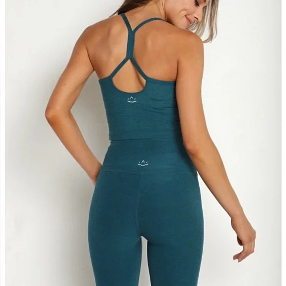 Set Beyond Yoga Spacedye Slim Racerback Cropped Tank & Legging Deep Sea Heather - Picture 1 of 9